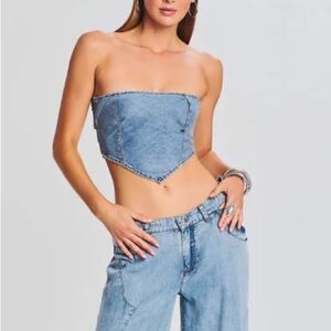 NWT SER.O.YA Tate Denim‎ Top in Coastline Blue Wash Sz MEDIUM Strapless Tie Back